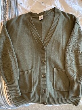 CAbi Olive Green Knit Crewneck Cardigan